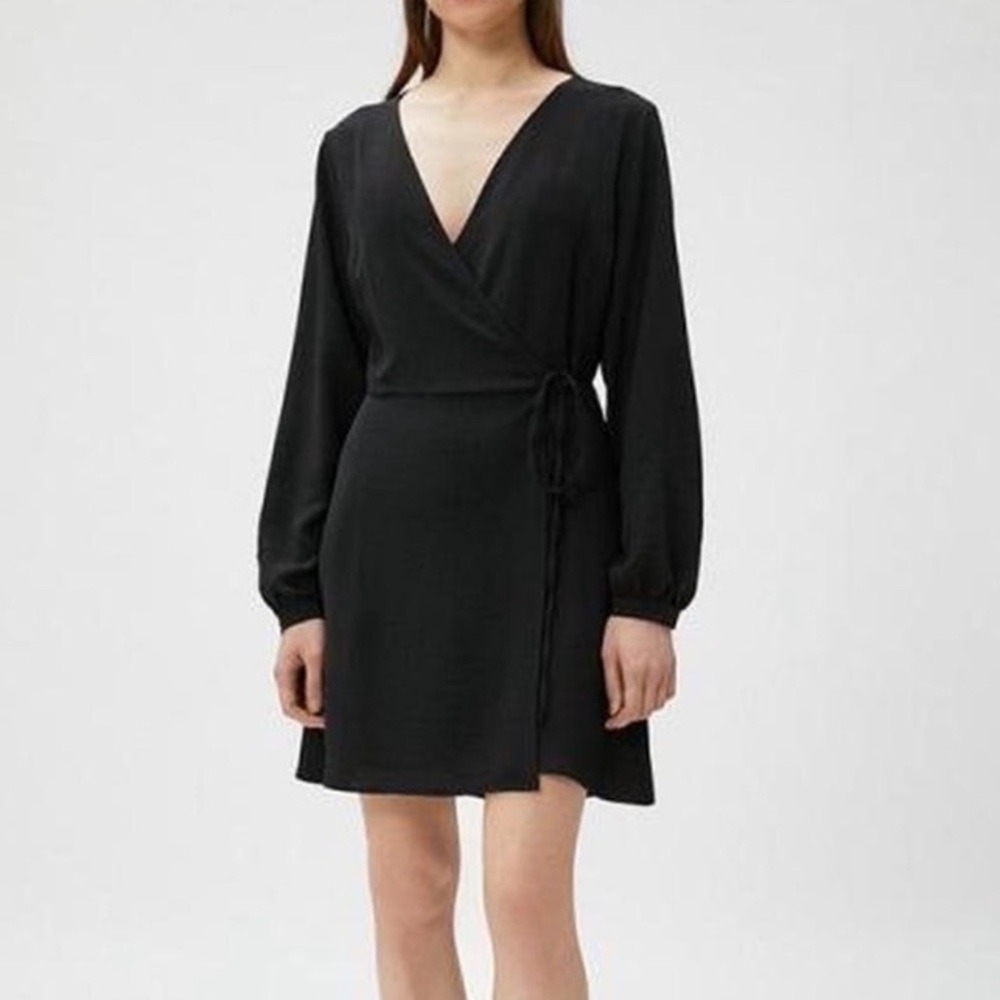 Madewell Black tie front cuffed black mini dress going out preppy long sleeve